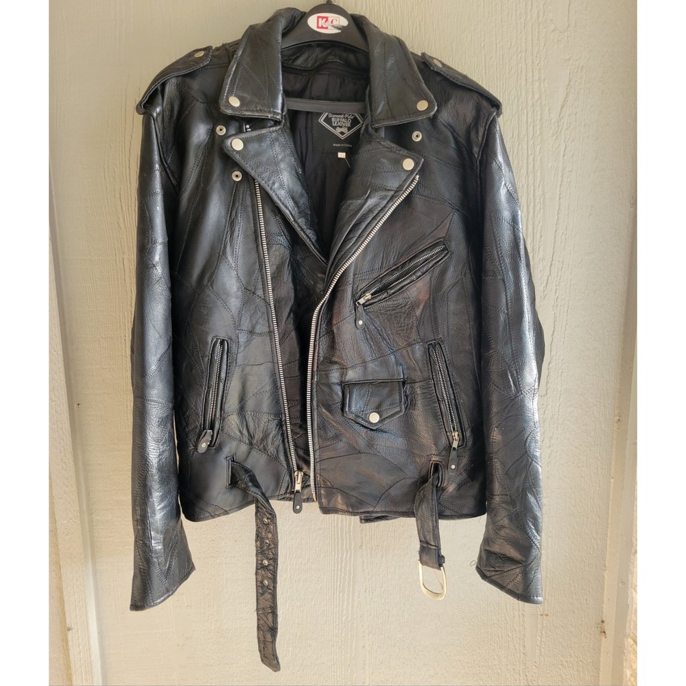 Vintage Diamond Plate Black Buffalo Leather Motorcycle Rider's Jacket Sz L -READ
